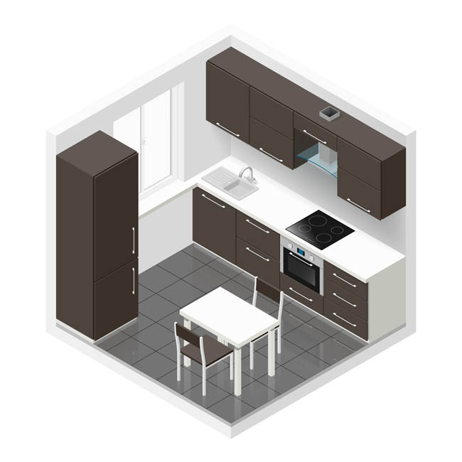 现代室内装修厨房橱柜造型设计矢量素材