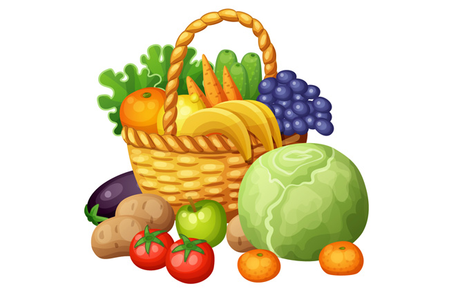 手绘动漫风格水果蔬菜篮子背景设计