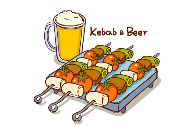 手绘漫画蔬菜烧烤串配啤酒背景设计素材