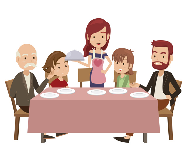 漫画一家人在家享受美食的场景设计