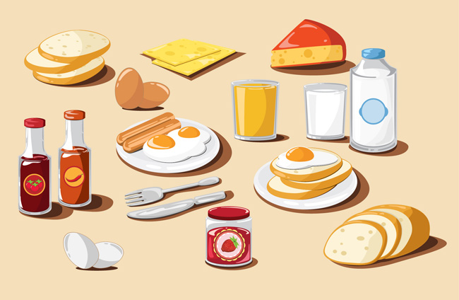 各种营养早餐食品鸡蛋面包牛奶食物