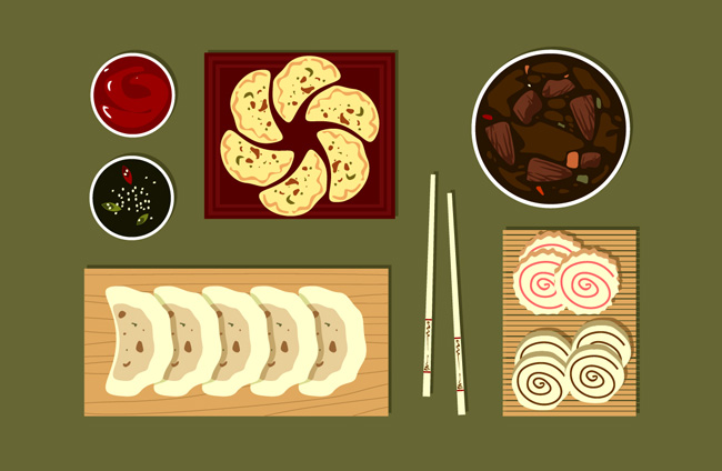 中餐食品饺子蛋糕卷食物俯视图设计