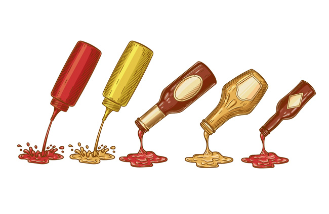5款不同颜色的酱汁包装设计矢量素材