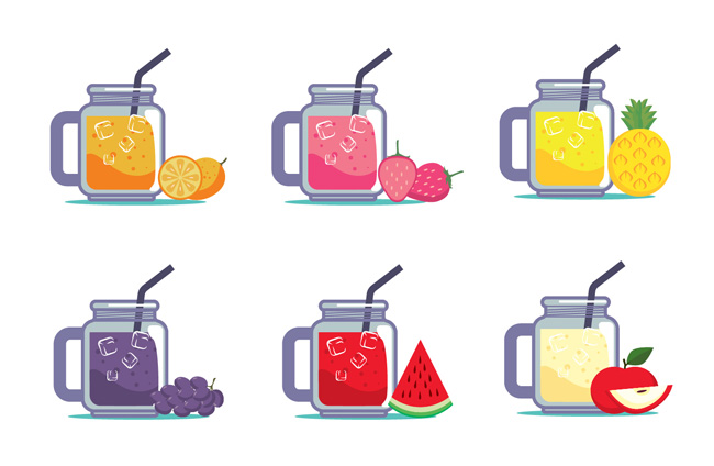 6款水果玻璃瓶果汁图标设计矢量素材