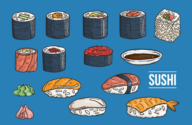 手绘漫画寿司美食图标设计矢量素材