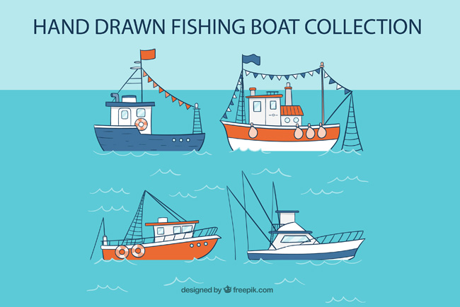海洋上渔船造型扁平化风格设计素材