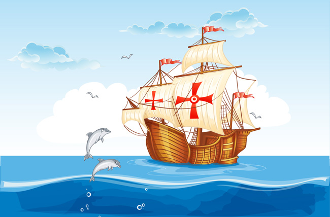 古老的帆船与海鱼背景设计矢量素材