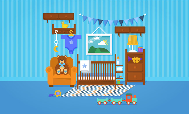 蓝色调卡通儿童房间儿童玩具场景设计
