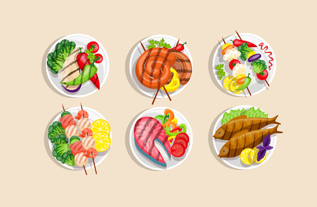6盘美食菜品图标背景设计矢量素材