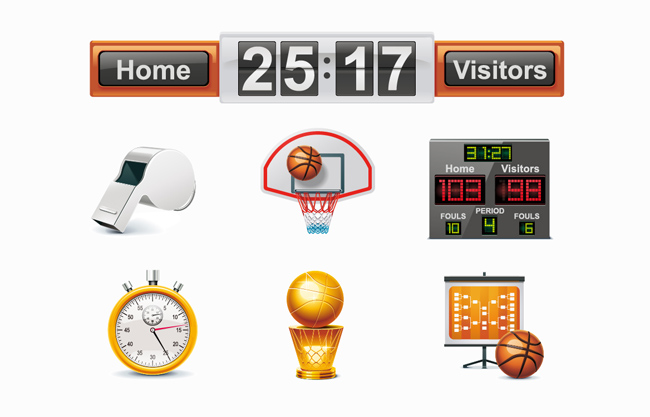 篮球运动比赛所需的设备装置图标设计