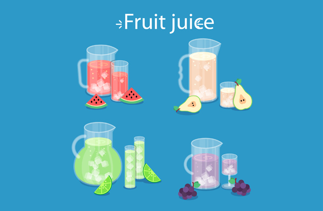 4款夏季加冰块新鲜水果汁矢量图