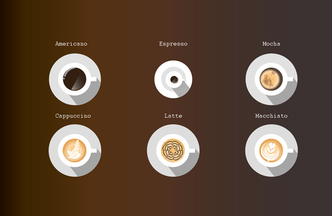 咖啡杯俯视不同颜色造型的图案设计