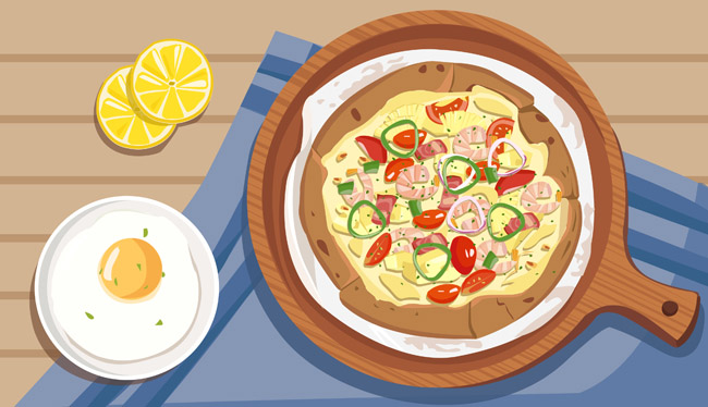 菠萝鲜虾披萨鸡蛋美食插画矢量图