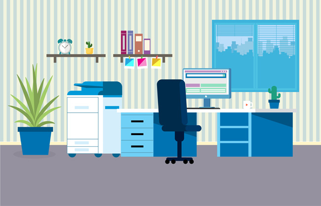 蓝色调的办公电脑桌书桌造型设计素材