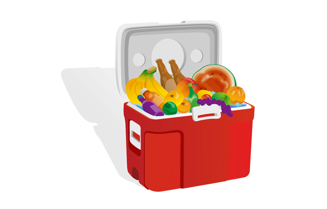 行李箱里面的水果饮料食品背景
