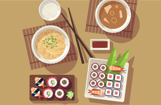 日本美食扁平化俯视桌面场景设计素材