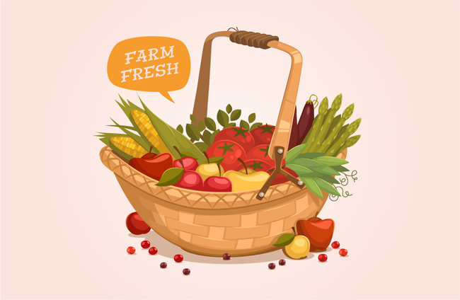 卡通手绘篮子里面的水果蔬菜背景设计