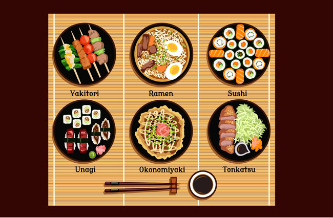 竹子道具上日本料理美食背景设计素材
