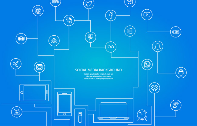 蓝色背景与线条和社交网络图标矢量素材