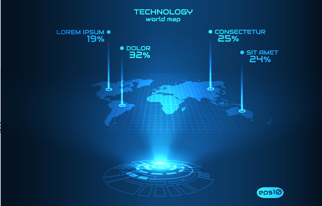 蓝色世界地图炫光科技背景矢量图