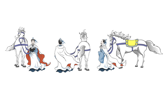 古代人物牵马的三视图插画背景设计素材
