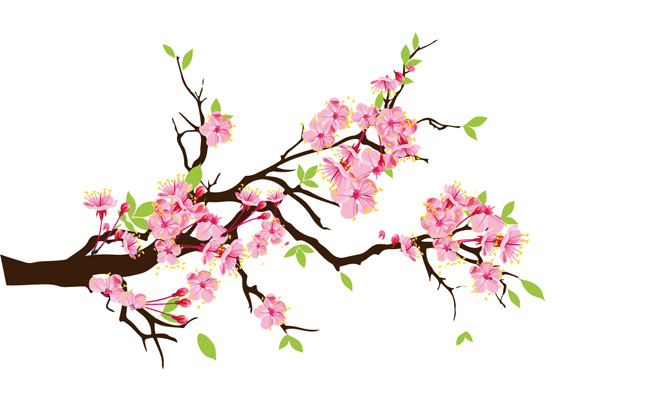 手绘卡通写实植物桃花花枝元素素材