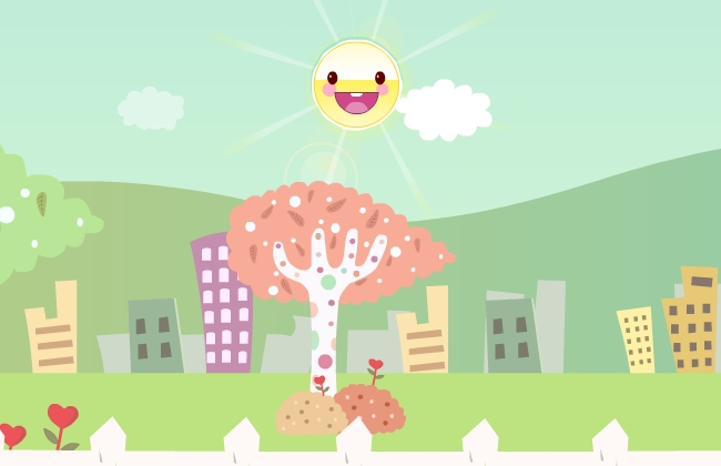太阳下的卡通建筑和树木flash二维动画素材