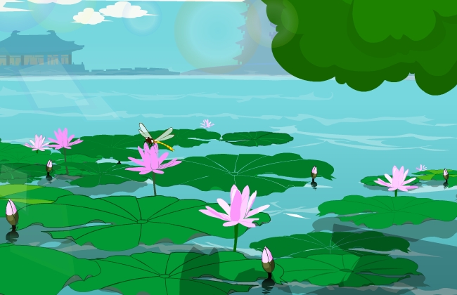 蜻蜓和池塘里的荷花景设计素材下载