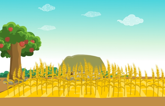 金色麦田旁的苹果树和茅草屋flash卡通矢量场景