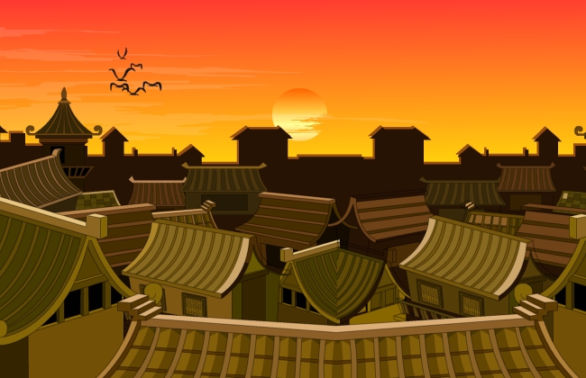 黄昏下的古代屋顶全景动漫素材场景