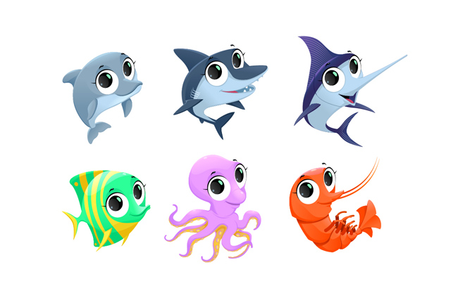 鱼虾章鱼小动物卡通形象设计素材