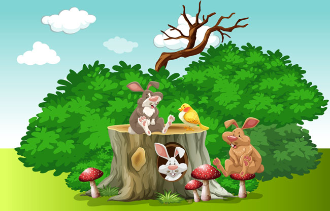 花园矢量动物兔子和鸟插图