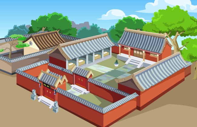 院子古代建筑俯视全景图flash场景