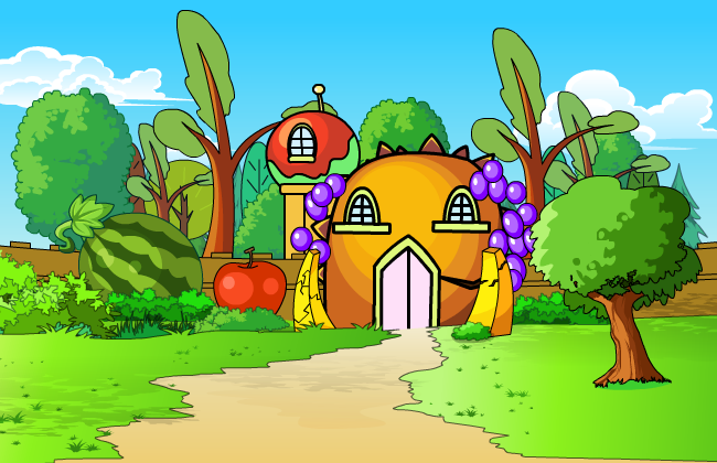 水果房屋建筑和草地卡通素材