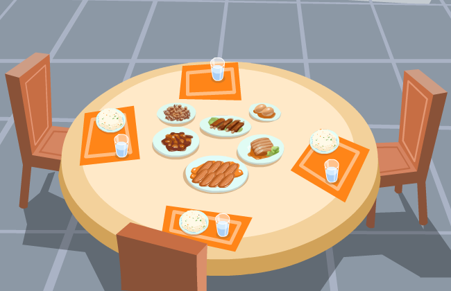 圆桌上的食物和椅子矢量场景
