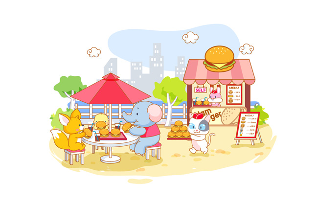 可爱卡通动物用餐插画素材
