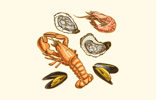 手绘美味海鲜矢量设计素材