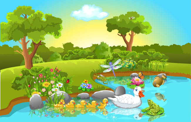 森林动物插画卡通场景设计素材