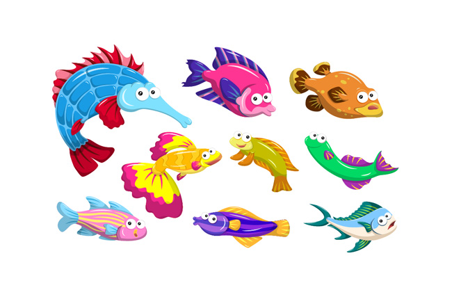 手绘卡通彩色鱼类设计素材