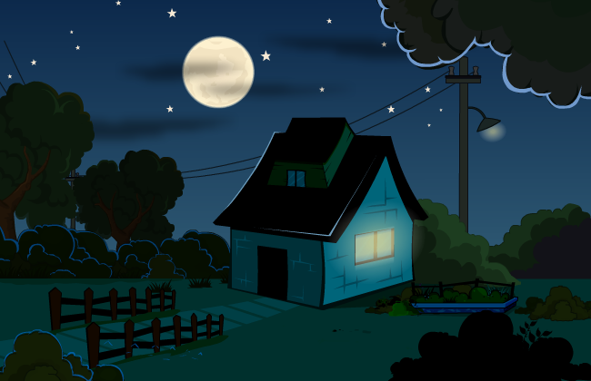 夜晚星星和月亮下森林处的房屋flash场景素材下载