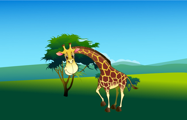 草原树背景长颈鹿矢量设计素材