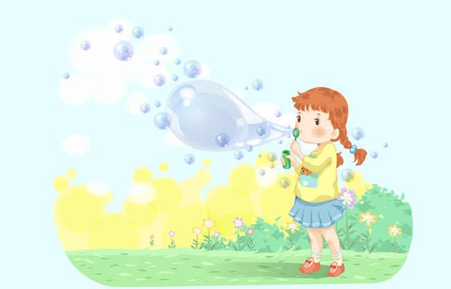 草地上吹泡泡的小女孩