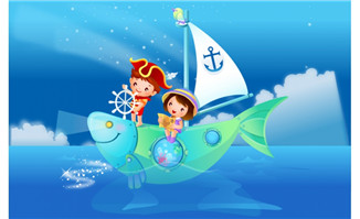 帆船上可爱儿童矢量设计