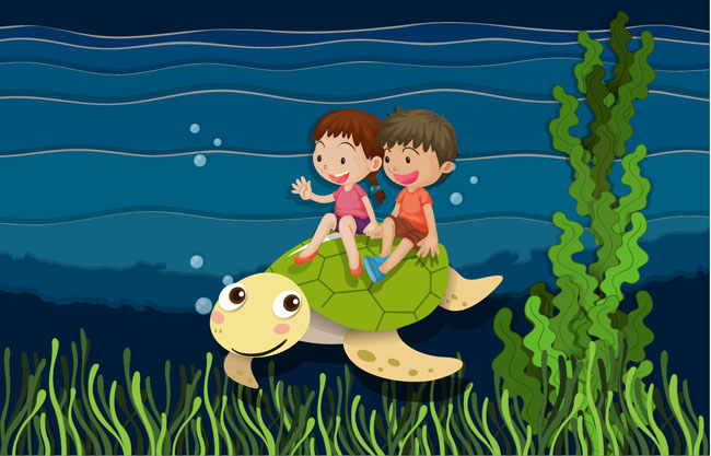 海底世界海龟元素小男孩小女孩人物设计素材