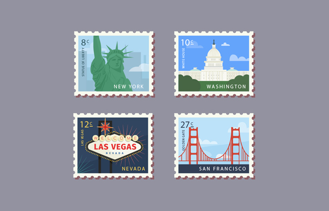 时尚城市旅游邮票设计图