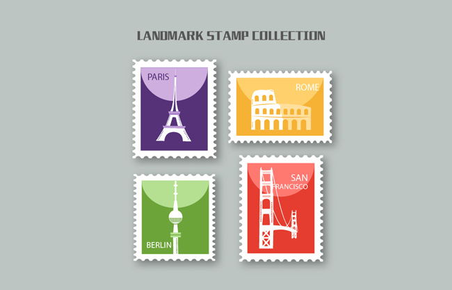 旅游风景建筑元素邮票矢量设计素材
