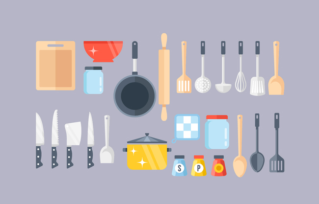 矢量厨房用具刀具勺子锅具素材设计