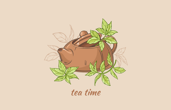 手绘茶壶与茶叶矢量素材下载