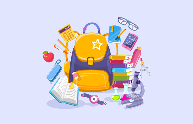 卡通包里书籍学习用品手绘海报素材