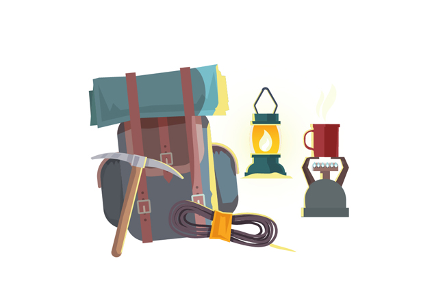 卡通登山背包工具元素